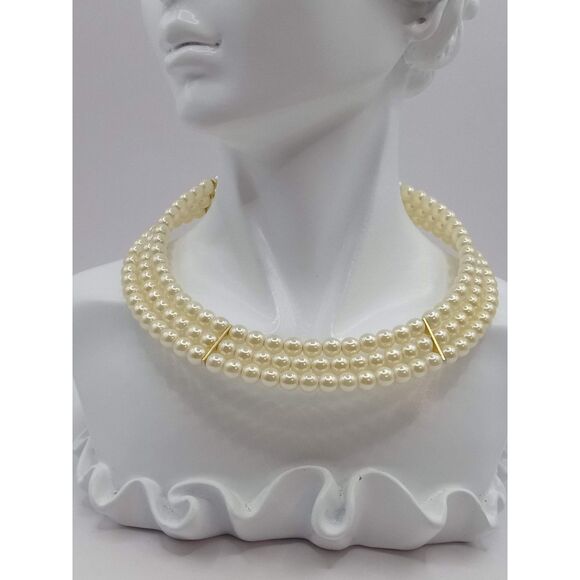 Vintage Three Strand Gold Tone Spacers Memory Wire Choker Necklace - Picture 7 of 9